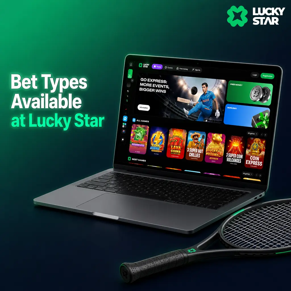 Overview of bet types at Lucky Star, including pre-match, live, single, parlay, and system betting options.
