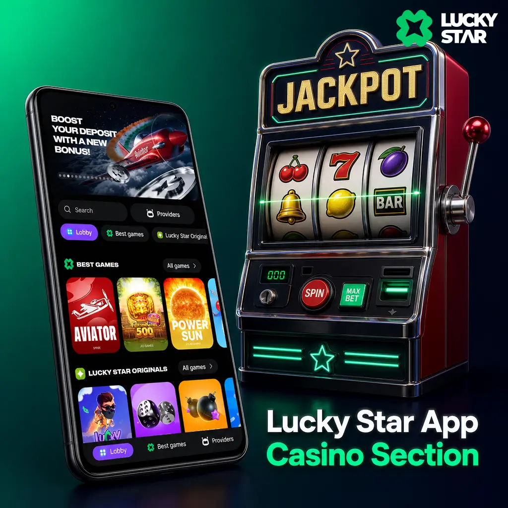 Lucky Star App casino lobby showing slots, live dealer tables, crash games, and jackpot titles on mobile