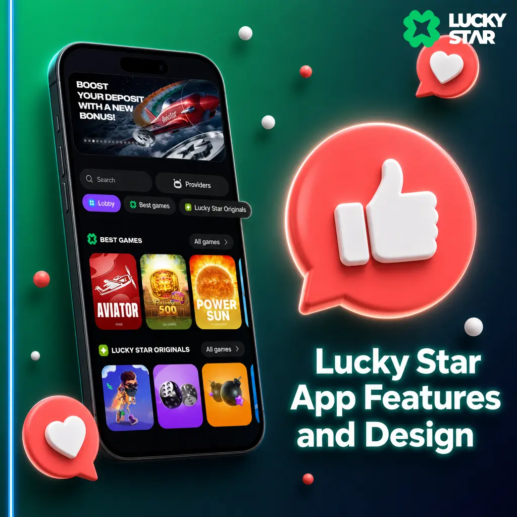 Lucky Star app interface showing navy and green design, sports betting tabs, casino lobby, and bottom navigation bar.