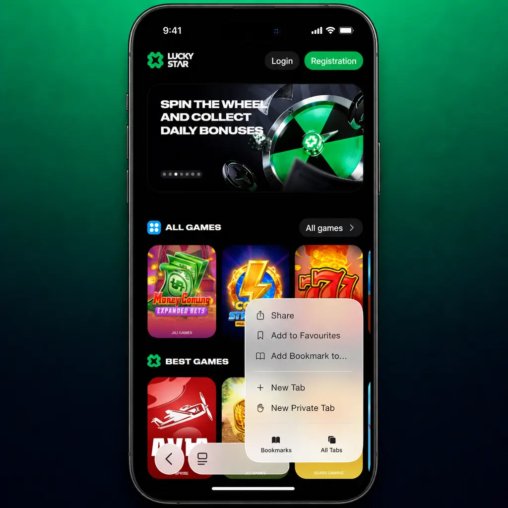 Step-by-step guide showing how to install Lucky Star PWA on iOS via Safari's Add to Home Screen option