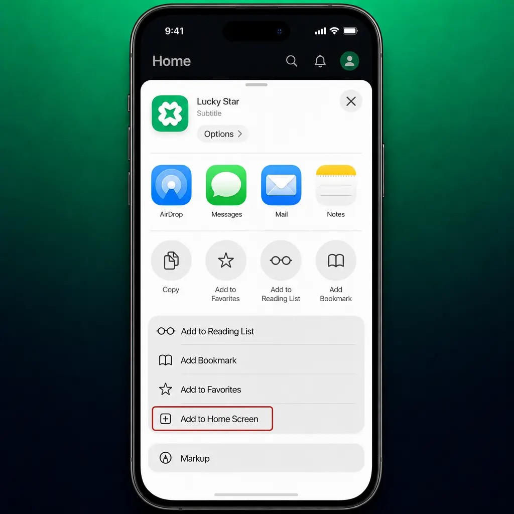Step-by-step guide showing how to install Lucky Star PWA on iOS using Safari's Add to Home Screen feature.