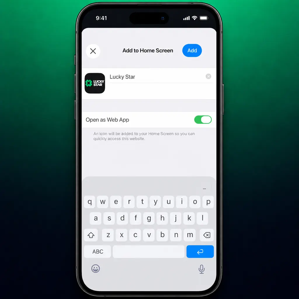 Step-by-step guide showing how to install Lucky Star iOS app via Safari using Add to Home Screen option.