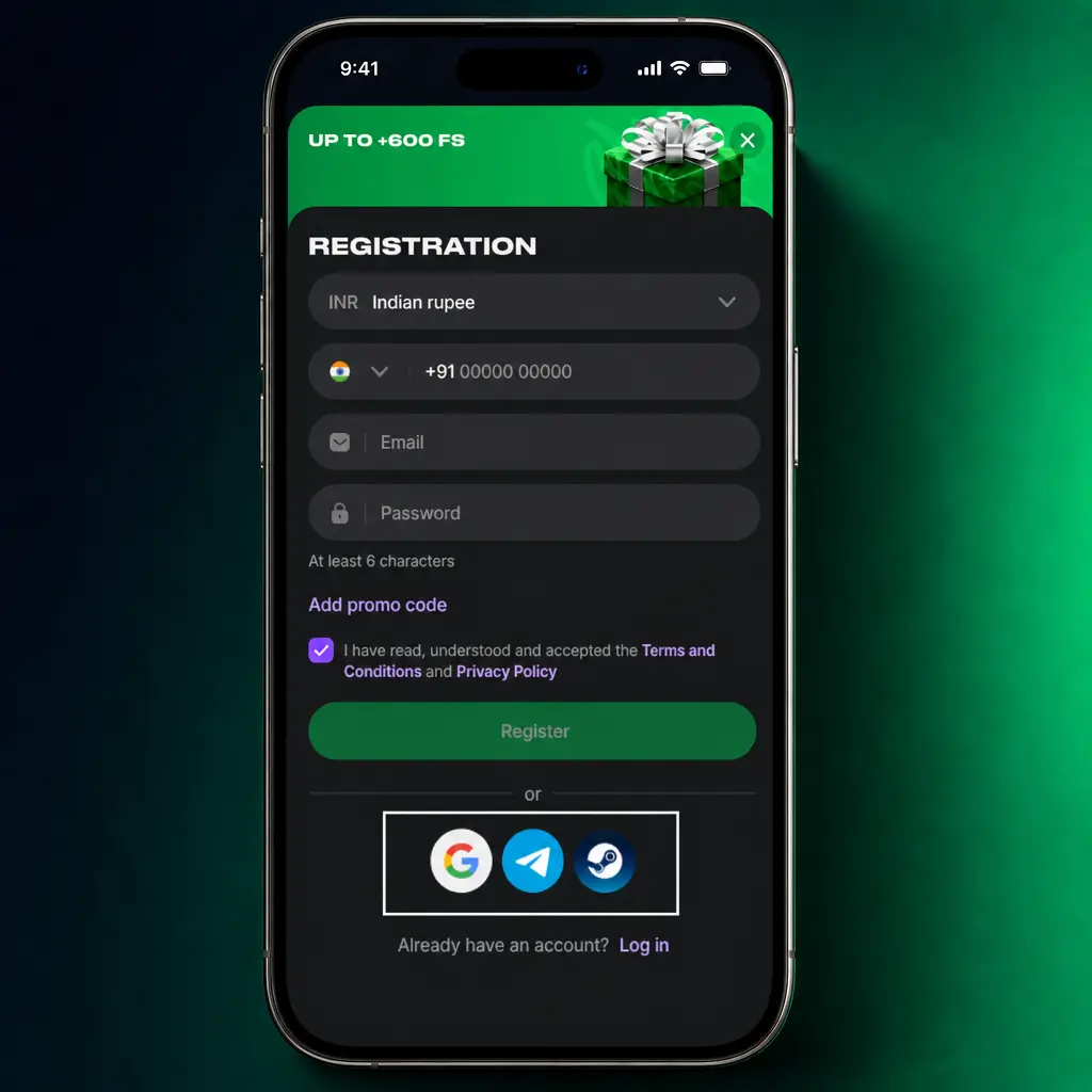 Screenshot showing the new account registration screen with mobile number, email, password, date of birth, and OTP verification fields