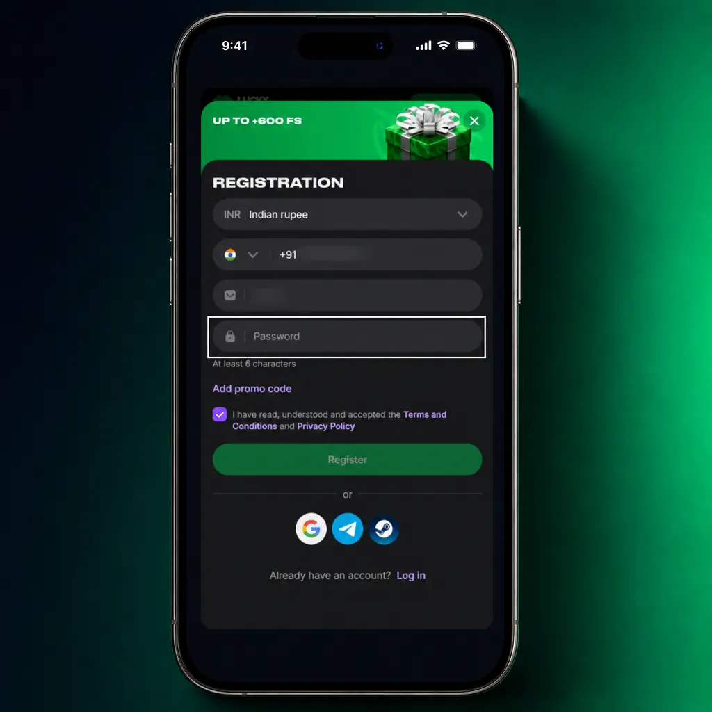 Screenshot of new account registration screen showing mobile, email, and OTP verification steps with INR currency