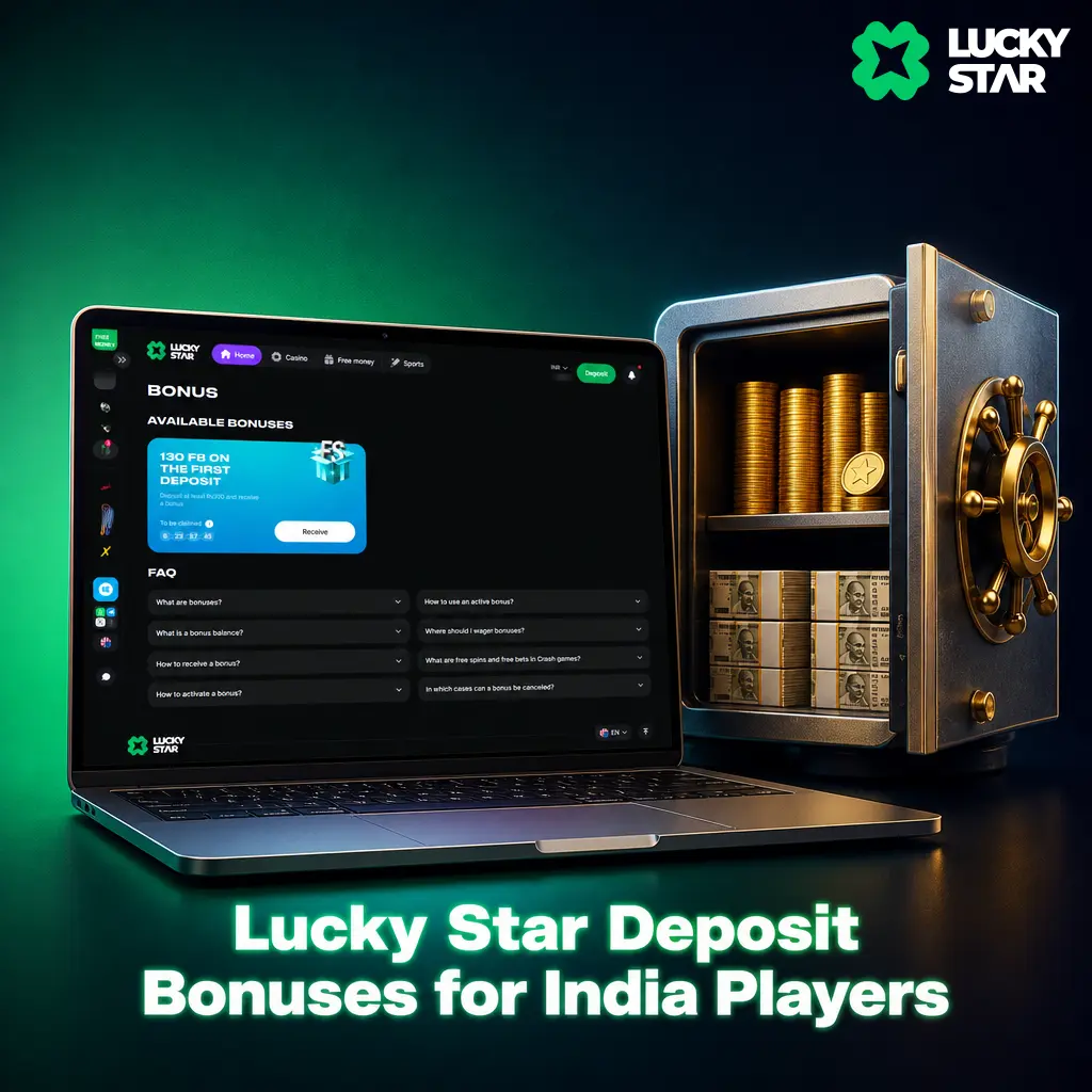 Lucky Star deposit bonus for India players: 150% match up to INR 20,000 plus 50 free spins on slots.