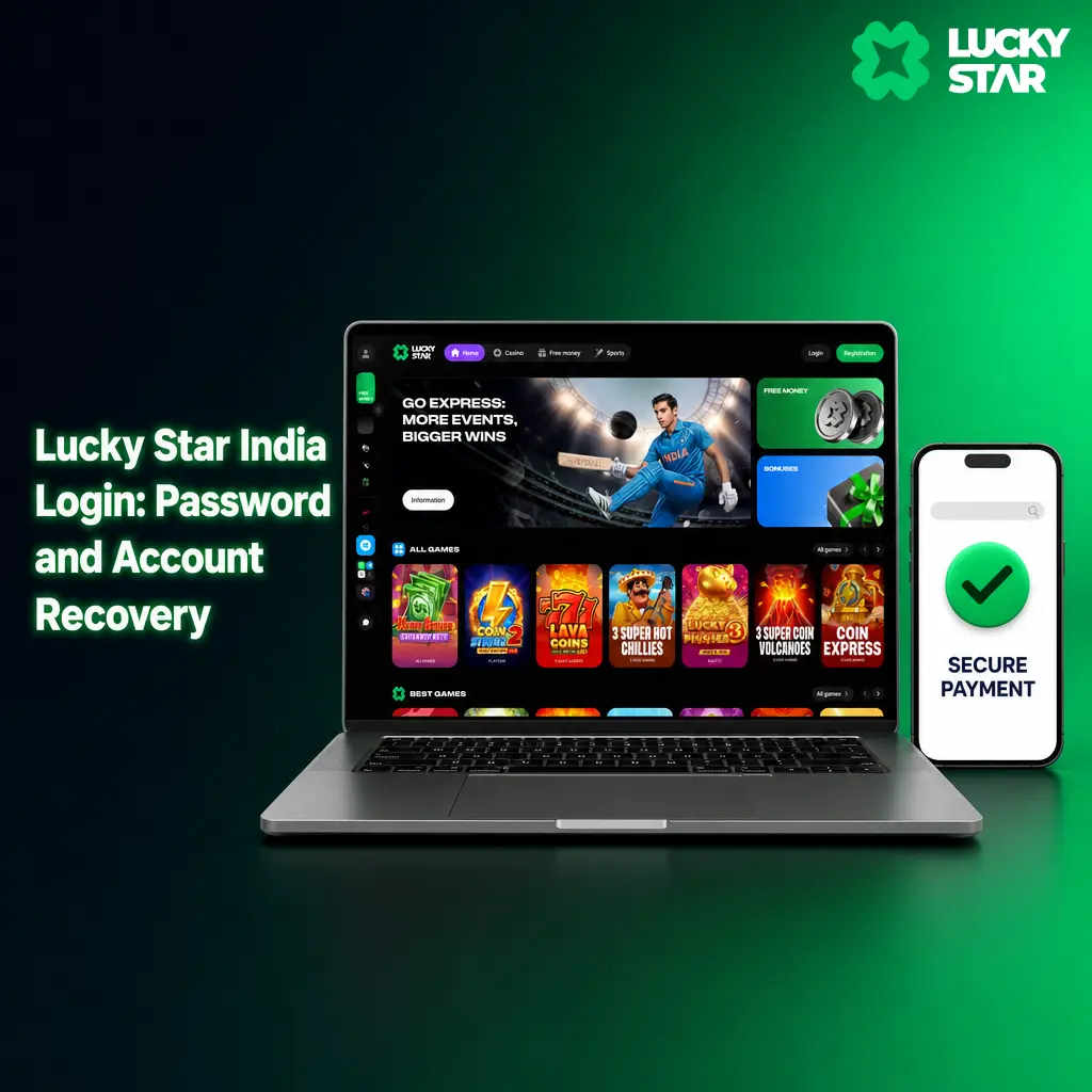 Lucky Star India login screen showing password reset and account recovery options via SMS or email verification