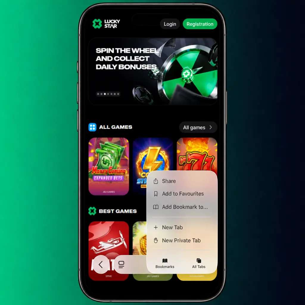 Step-by-step guide showing how to install the Lucky Star app on iPhone and iPad using Safari's Add to Home Screen option.