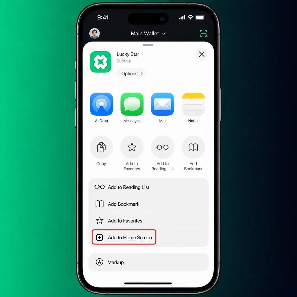Step-by-step guide showing how to install Lucky Star app on iPhone and iPad using Safari's Add to Home Screen feature.