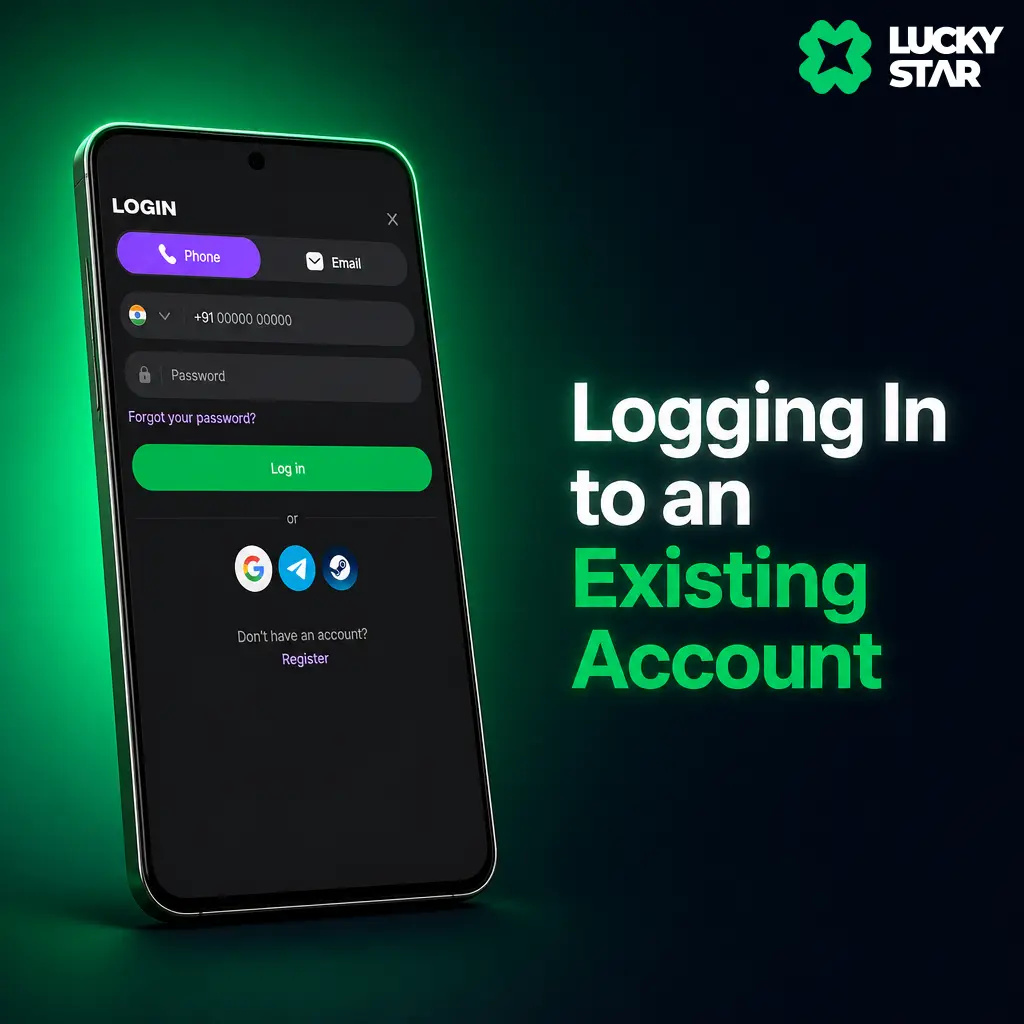 Login screen in the app showing fields for registered phone or email and password to access an existing account