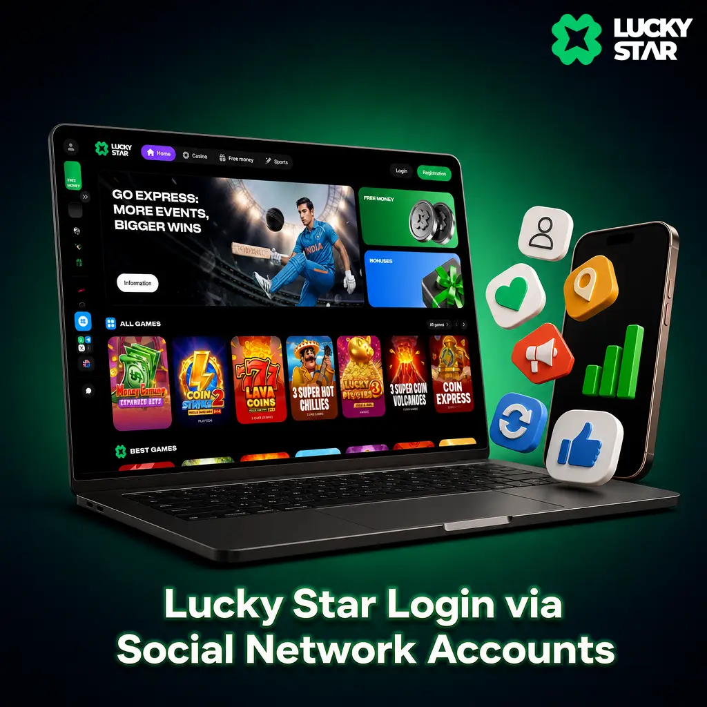 Lucky Star login screen showing Google and Telegram social network sign-in icons below the standard form