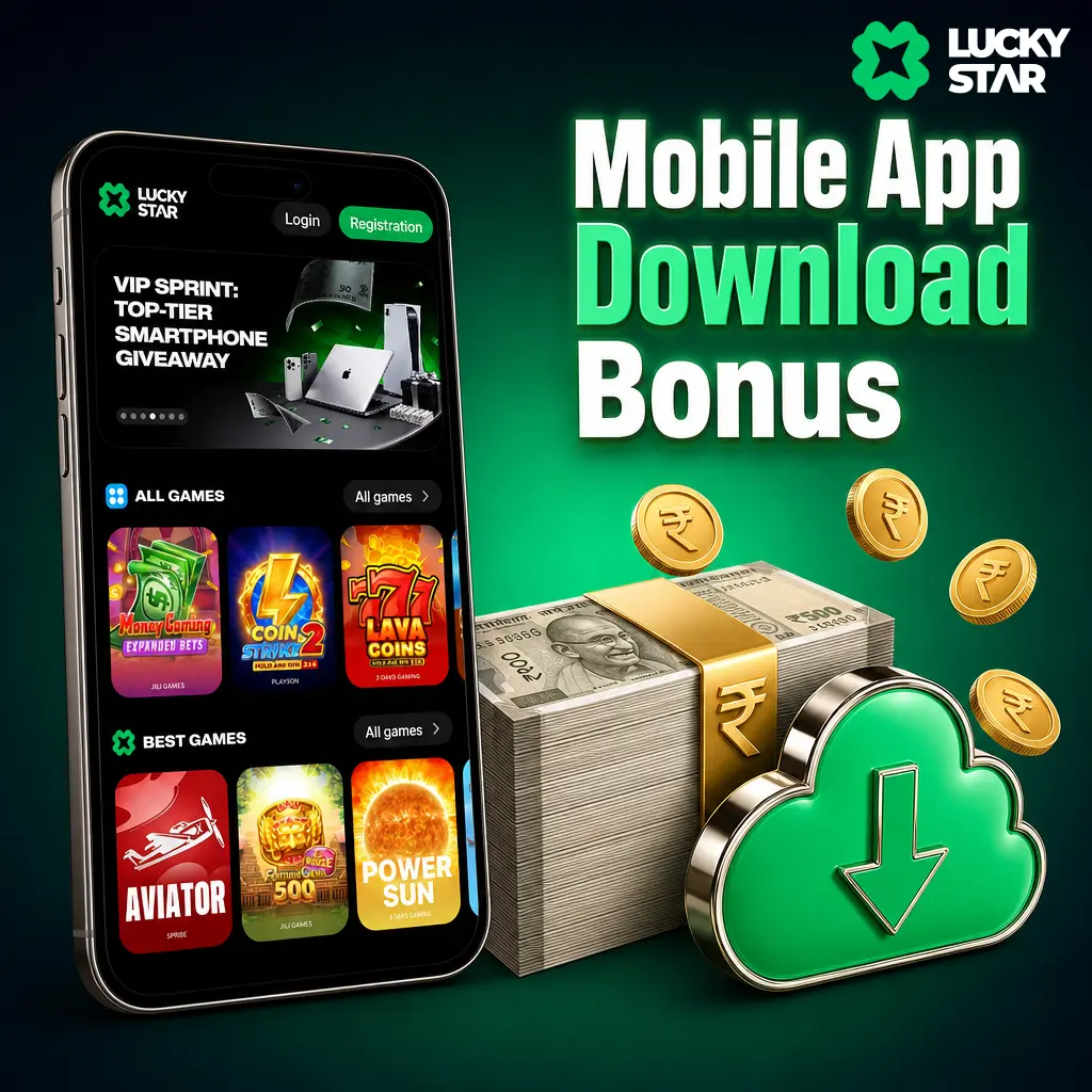 Lucky Star app download bonus: 20 free spins on first login, no deposit needed, 35x wagering, Android and iOS.