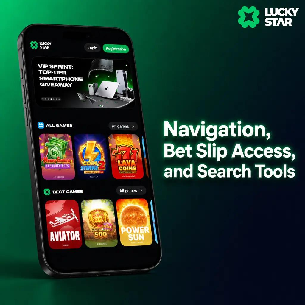 Bottom nav with Sports, Casino, Promotions, Account tabs, floating bet slip icon, and top search bar for games
