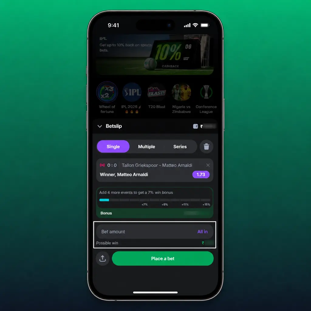 Step-by-step guide showing how to place your first sports bet in the app, from selecting odds to confirming wager amount.
