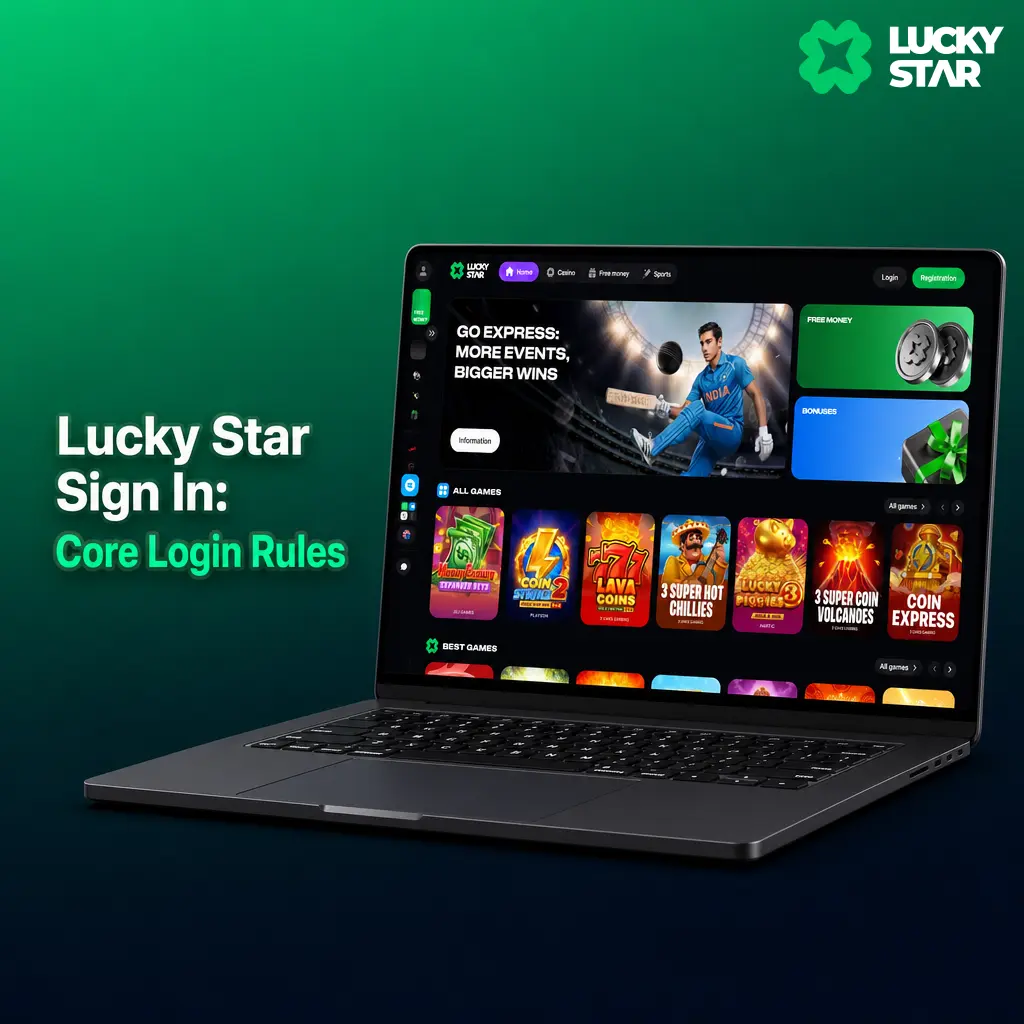 Lucky Star sign in screen showing secure login form with phone, email, and password fields for Indian users