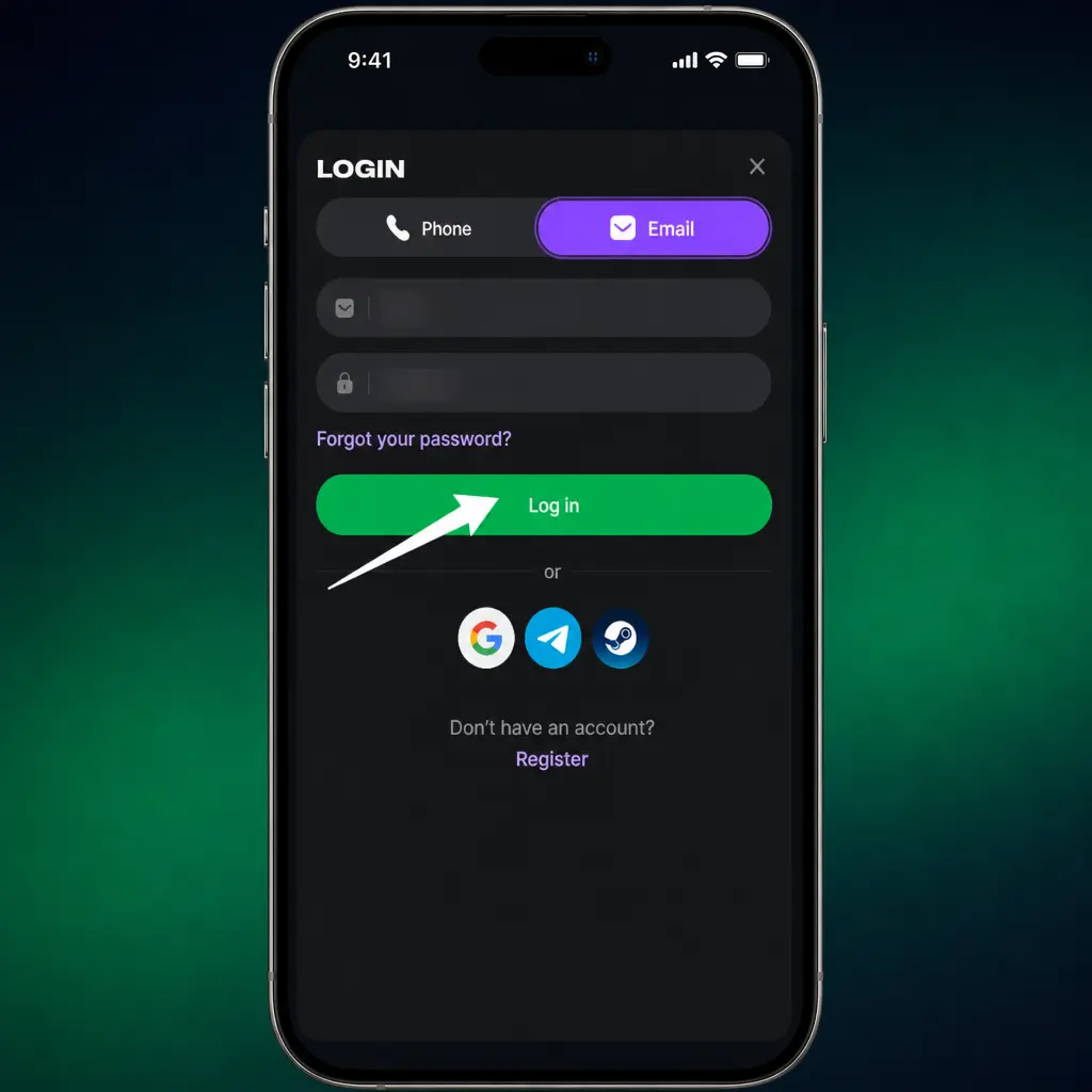 5-step guide screenshot showing how to log in to your account using phone number, password, and the Log In button
