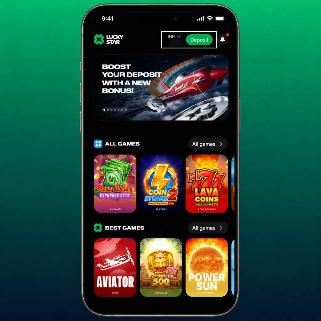 Step-by-step screenshot showing how to make a UPI deposit via the Lucky Star app in under a minute