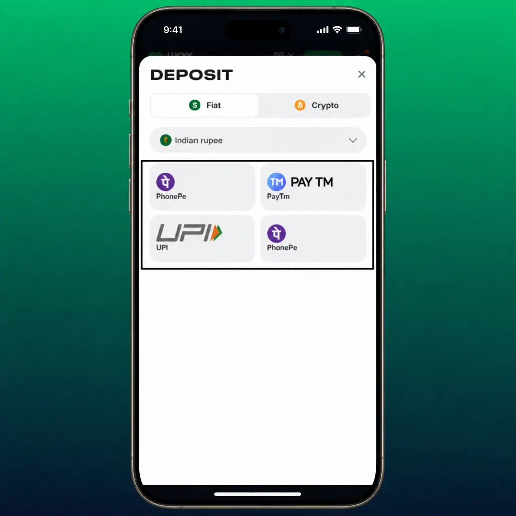 Screenshot showing how to make a fast UPI deposit through the Lucky Star App in under a minute